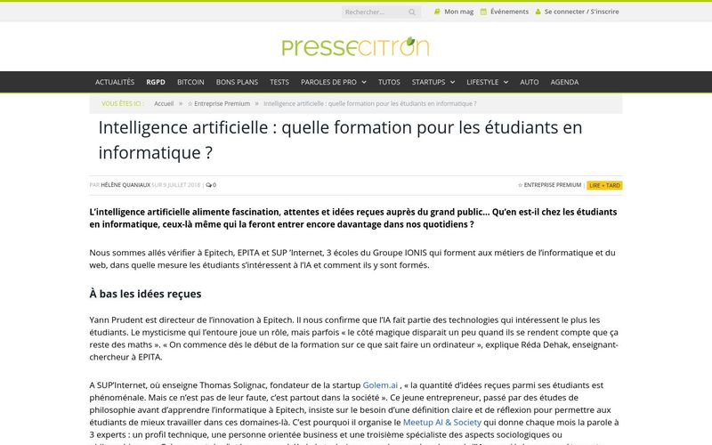 Intelligence artificielle : quelle formation pour les étudiants en informatique ? Presse Citron